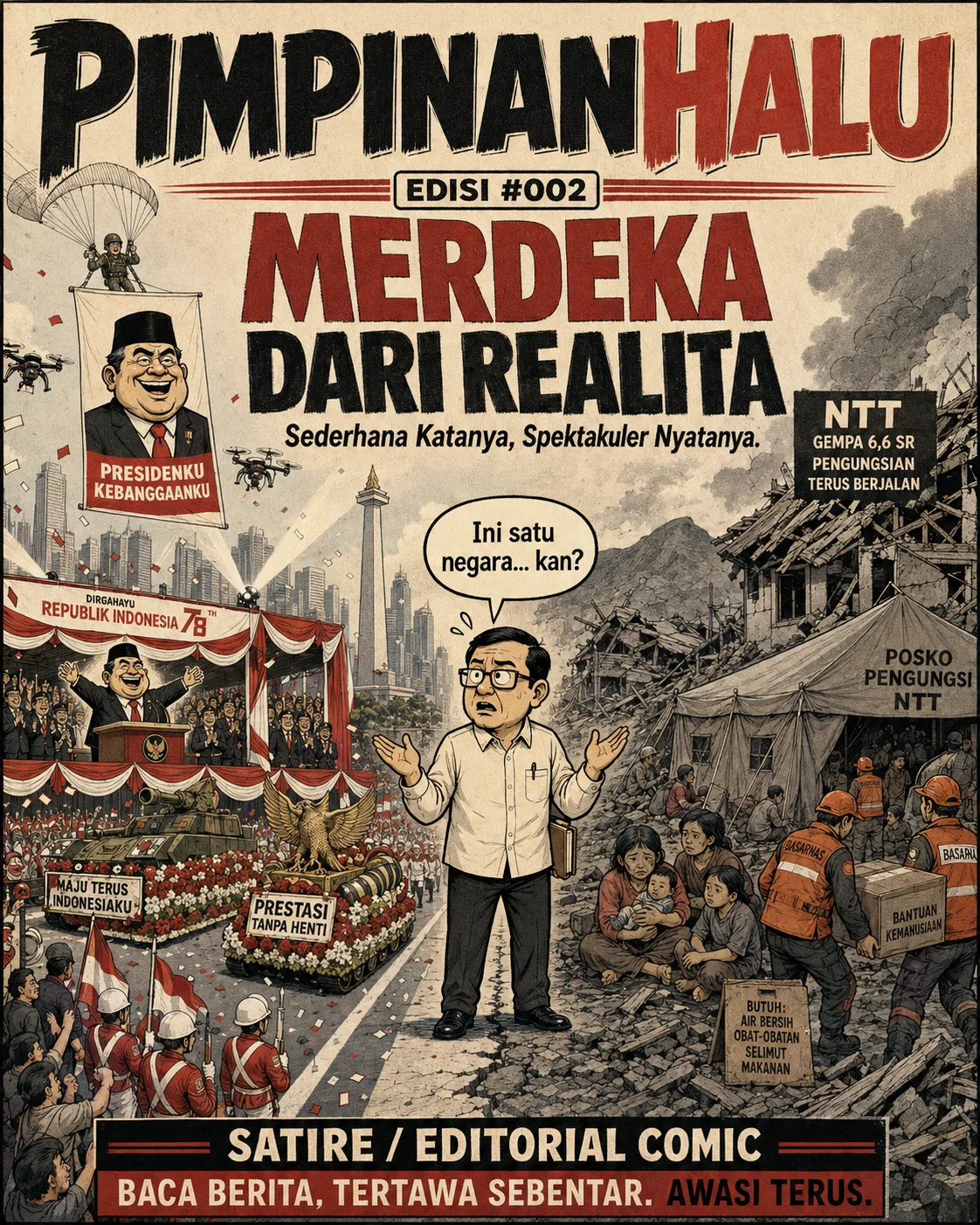 Halaman 1 (sampul): Poster "PimpinanHalu Edisi #002 - Merdeka dari Realita". Kiri: parade HUT RI ke-78 dengan tank hias dan spanduk "Presidenku Kebanggaanku". Kanan: kamp pengungsi gempa 6,6 SR di NTT dengan tim Basarnas dan papan "butuh: air bersih, obat-obatan, selimut, makanan".