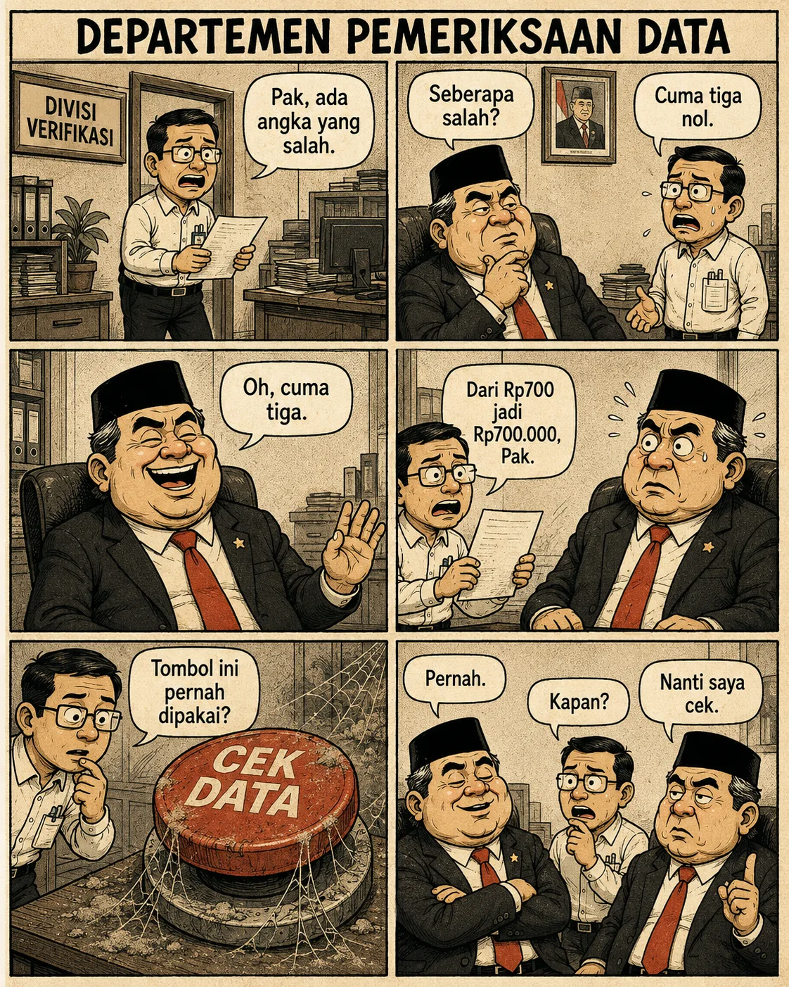 Halaman 4 ("Departemen Pemeriksaan Data"): Staf melapor ada angka salah "cuma tiga nol"; sebuah tombol merah besar bertuliskan "CEK DATA" tertutup sarang laba-laba, dan tak ada yang ingat kapan terakhir dipakai.