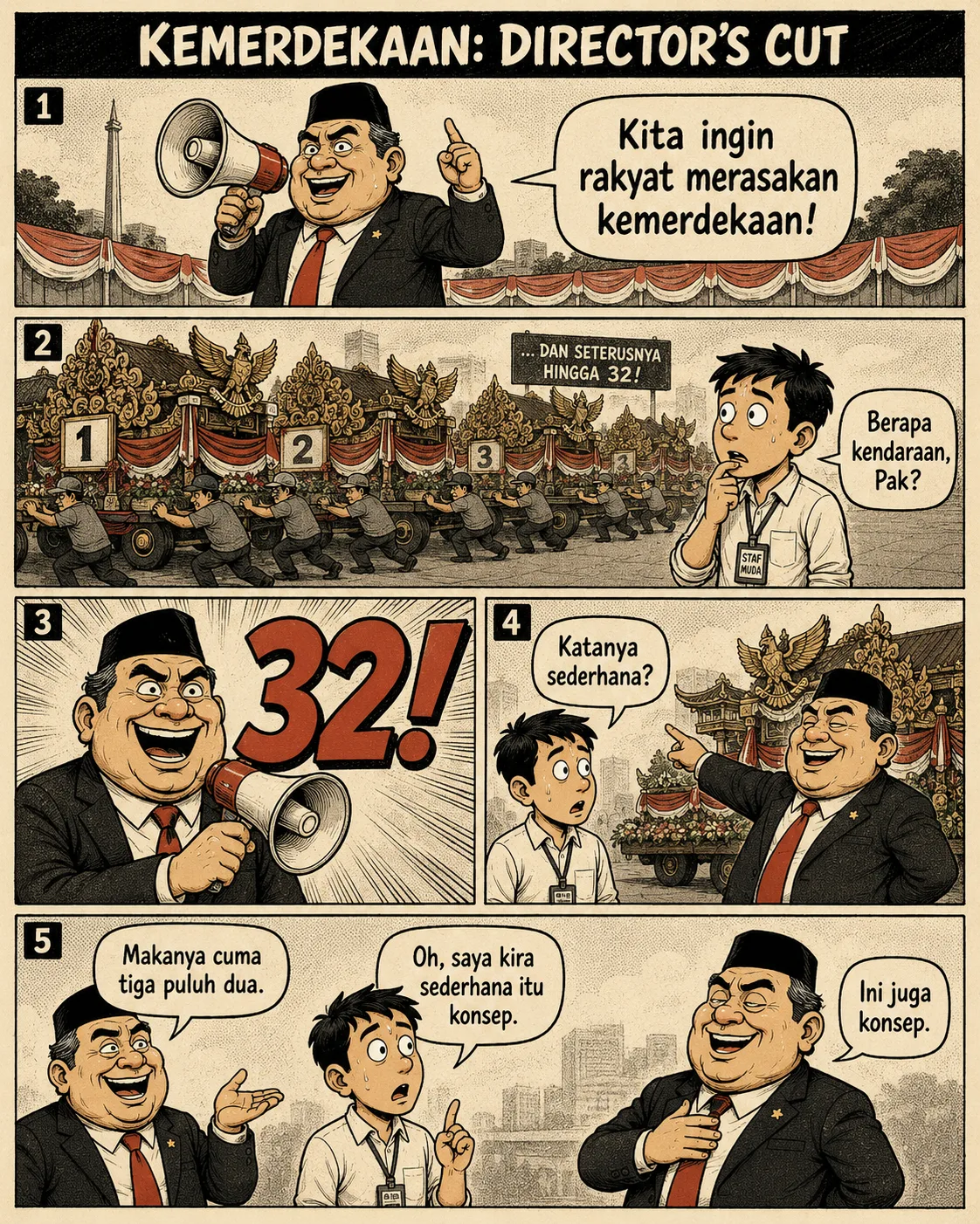 Halaman 8 ("Kemerdekaan: Director's Cut"): Pejabat berorasi lewat megafon menuntut rakyat merasakan kemerdekaan; 32 kendaraan hias didorong berjajar, dan ketika ditanya soal kesederhanaan jawabannya "makanya cuma tiga puluh dua".