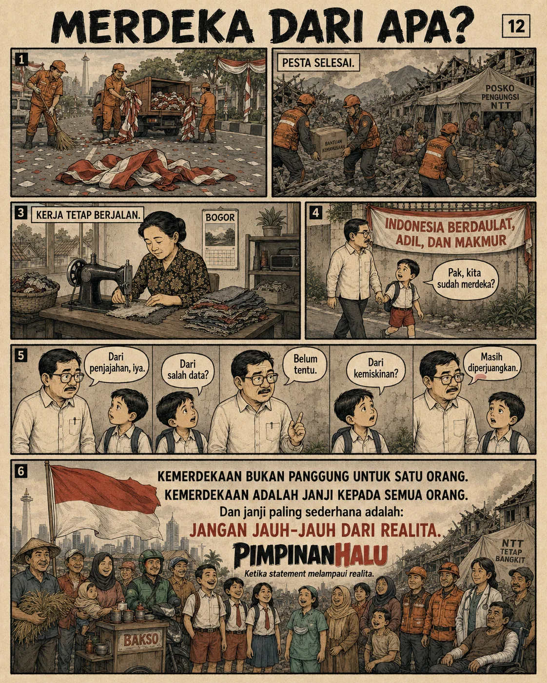 Halaman 12 ("Merdeka Dari Apa?"): Petugas membersihkan sisa hiasan di Jakarta, relawan masih menyalurkan bantuan di NTT, dan Ibu Susana tetap menjahit; panel penutup: "Kemerdekaan bukan panggung untuk satu orang. Kemerdekaan adalah janji kepada semua orang."