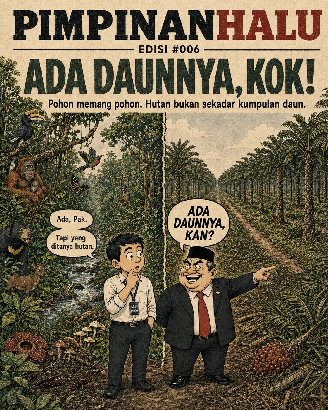 Halaman 1 (sampul): Poster "PimpinanHalu Edisi #006 - Ada Daunnya, Kok!" membelah dua pemandangan: rimba dengan orangutan, rangkong, beruang madu, dan rafflesia, versus barisan pohon sawit monokultur.