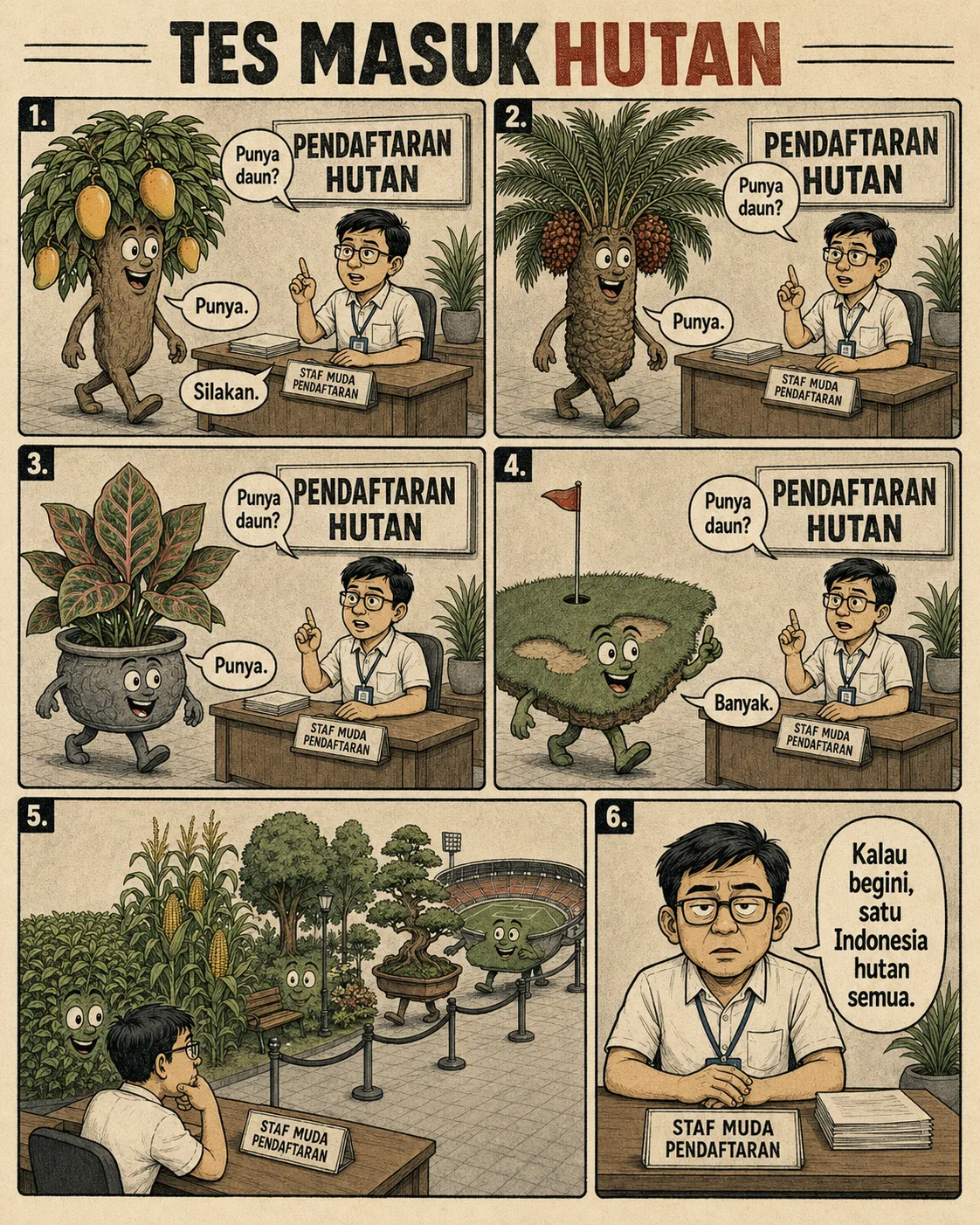 Halaman 3 ("Tes Masuk Hutan"): Sebuah loket pendaftaran meloloskan apa pun yang "punya daun" sebagai hutan - dari pohon mangga sampai rumput lapangan golf dan rumput stadion.