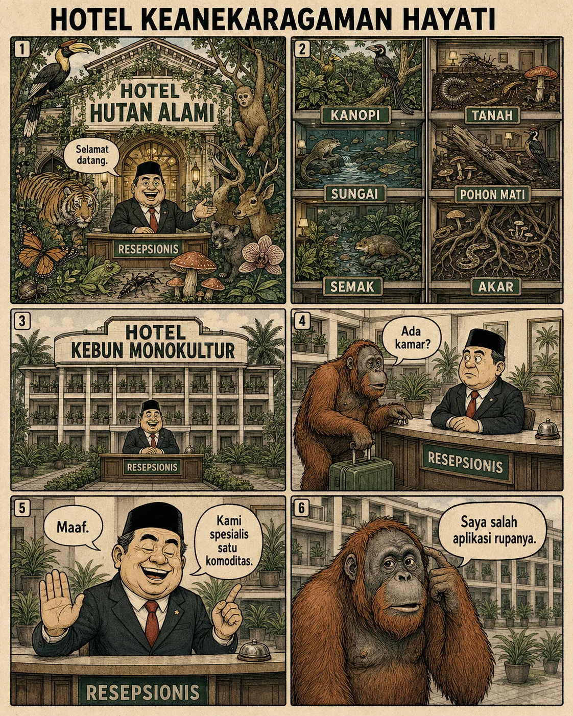 Halaman 5 ("Hotel Keanekaragaman Hayati"): Hutan alami digambarkan sebagai hotel dengan banyak jenis kamar untuk beragam makhluk; perkebunan monokultur hanya punya satu jenis kamar, sehingga orangutan tidak kebagian tempat.
