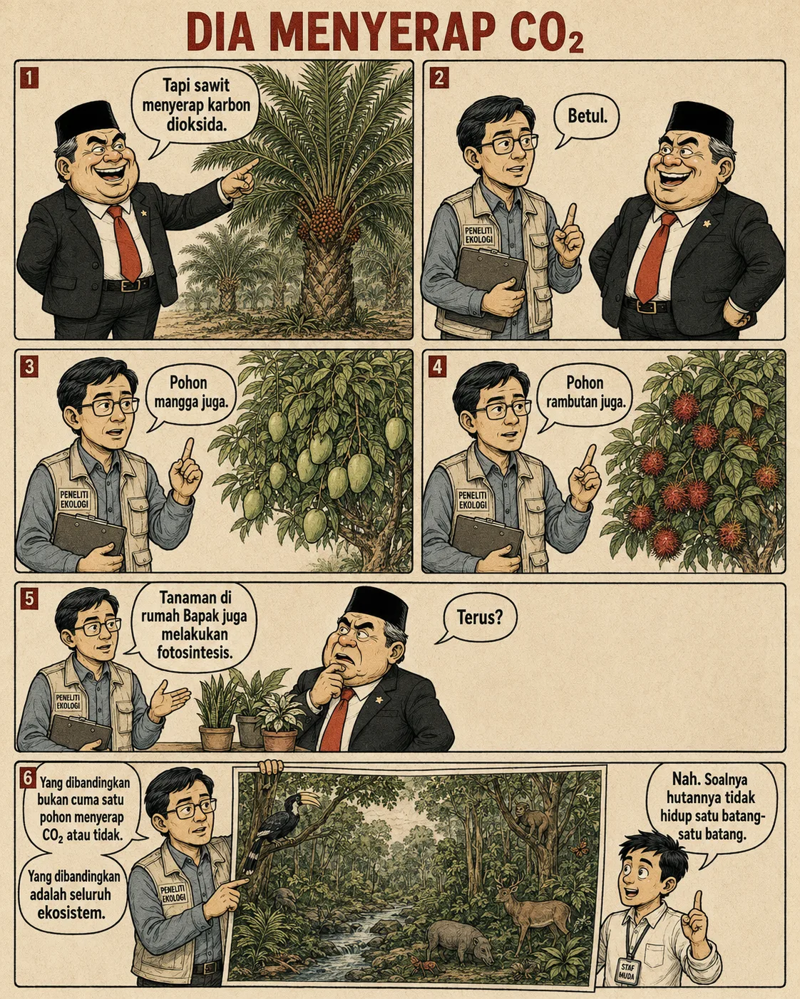 Halaman 6 ("Dia Menyerap CO2"): Argumen bahwa sawit menyerap karbon dijawab bahwa hampir semua tumbuhan berfotosintesis, dan yang perlu dibandingkan adalah fungsi ekosistem secara utuh, bukan satu batang pohon.
