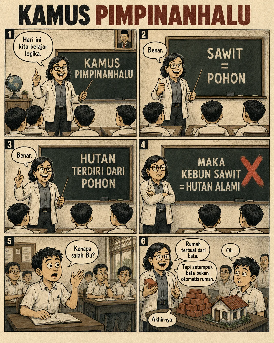 Halaman 8 ("Kamus Pimpinanhalu"): Guru menjelaskan sesat pikir komposisi - benar bahwa sawit adalah pohon dan hutan terdiri dari pohon, tapi salah menyimpulkan kebun sawit setara hutan alami, seperti setumpuk bata belum tentu rumah.