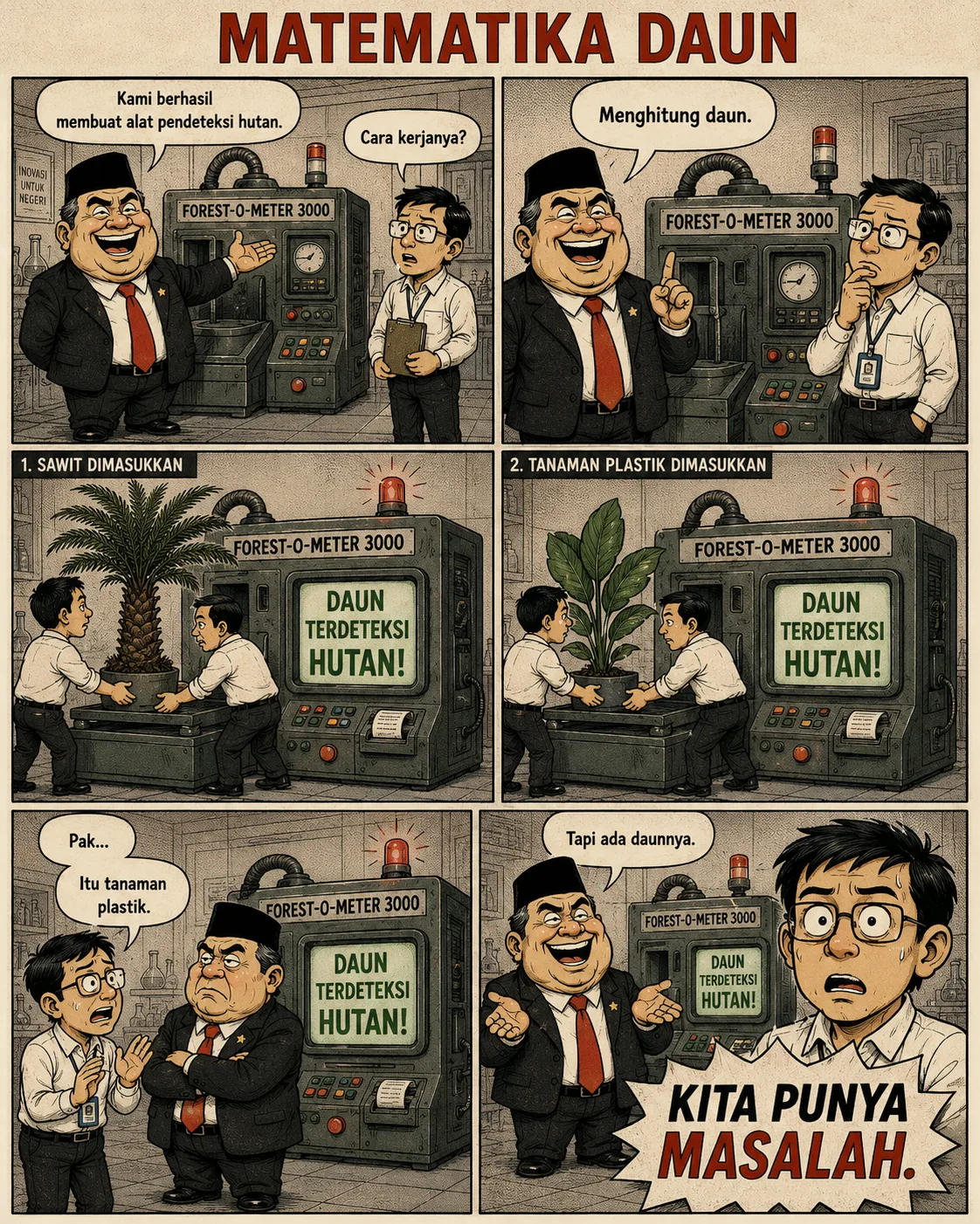 Halaman 9 ("Matematika Daun"): Sebuah mesin yang mendeteksi hutan hanya dari keberadaan daun ikut memberi label "hutan" pada tanaman plastik, menunjukkan kelemahan definisi tersebut.