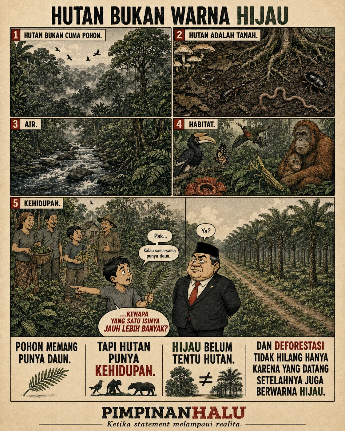 Halaman 11 ("Hutan Bukan Warna Hijau"): Lima panel memperlihatkan hutan sebagai kesatuan tanah, air, habitat, dan kehidupan manusia; seorang anak membandingkan pelepah sawit dengan kekayaan hutan di sekitarnya.