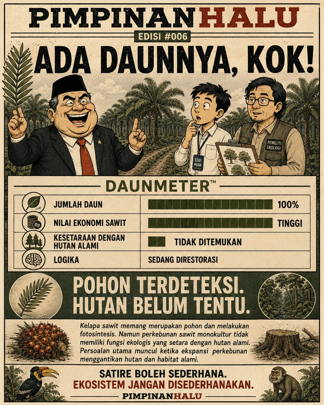 Halaman 12 (sampul belakang): Poster "Daunmeter" yang menilai kelapa sawit tinggi pada jumlah daun dan nilai ekonomi tetapi "tidak ditemukan" pada kesetaraan dengan hutan alami, dengan catatan bahwa perkebunan monokultur tidak memiliki fungsi ekologis setara hutan.