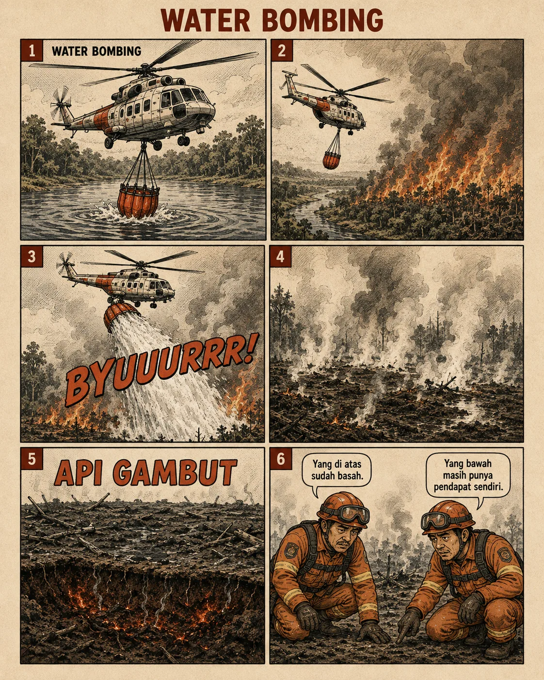 Halaman 3 ("Water Bombing"): Helikopter mengambil air dari sungai dan menyiramnya ke tepi hutan yang terbakar; penampang tanah gambut memperlihatkan bara yang terus menyala di bawah permukaan meski atasnya basah.