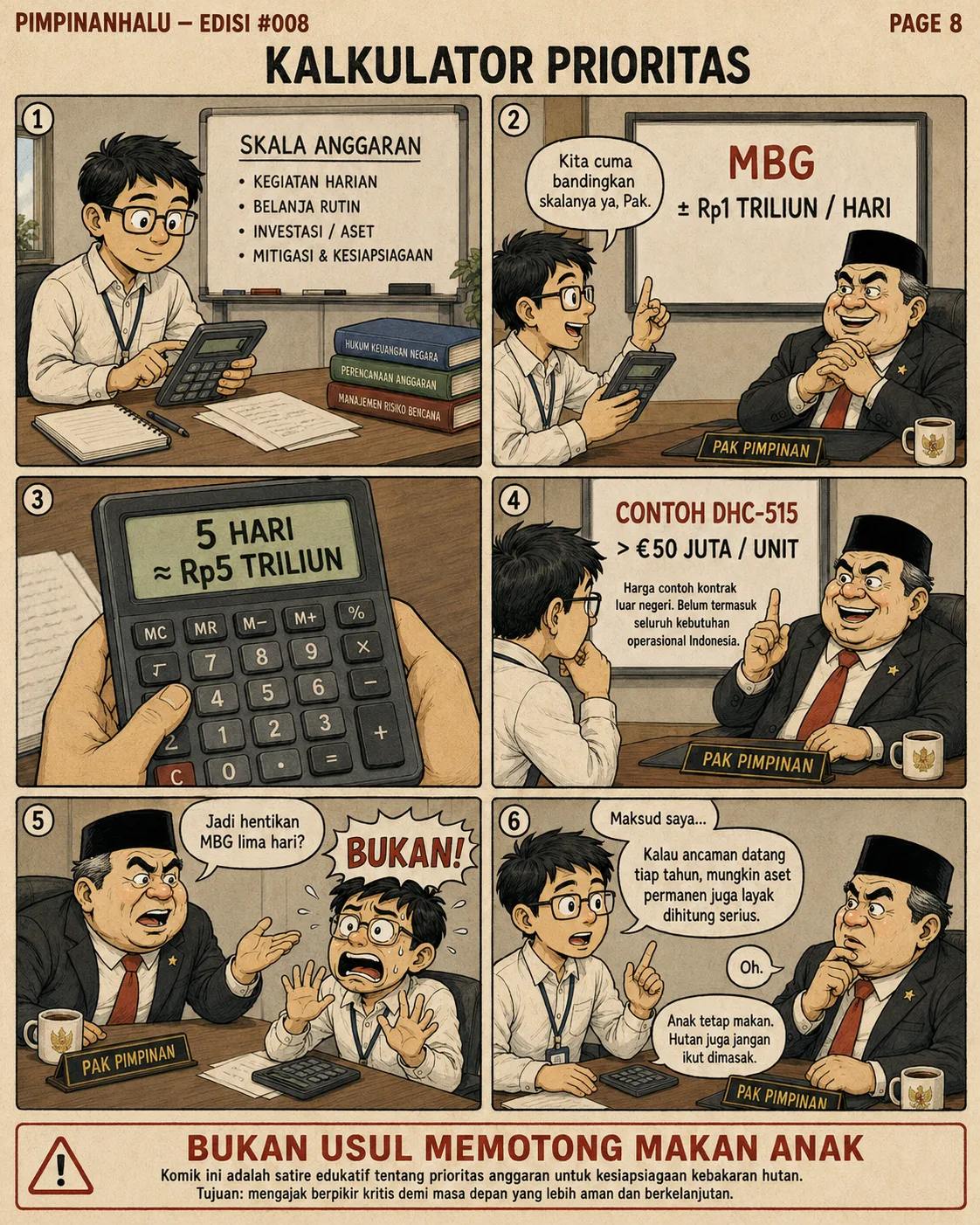 Halaman 8 ("Kalkulator Prioritas"): Staf membandingkan skala anggaran program makan bergizi gratis dengan harga pesawat pemadam; catatan tegas di bawah: ini bukan usul memotong makan anak, melainkan satire tentang prioritas anggaran kesiapsiagaan kebakaran.