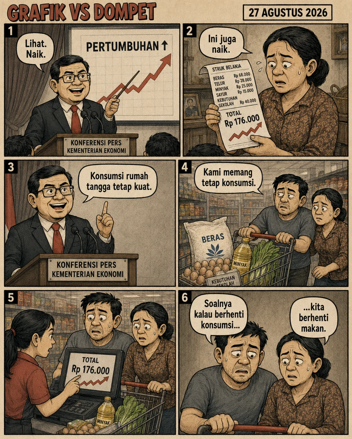 Halaman 2 ("Grafik vs Dompet"): Pejabat menunjuk grafik "pertumbuhan"; seorang ibu menunjukkan struk belanja senilai Rp176.000; keluarga berbelanja beras, telur, dan minyak sambil menyebut mereka "tetap konsumsi" karena harus tetap makan.