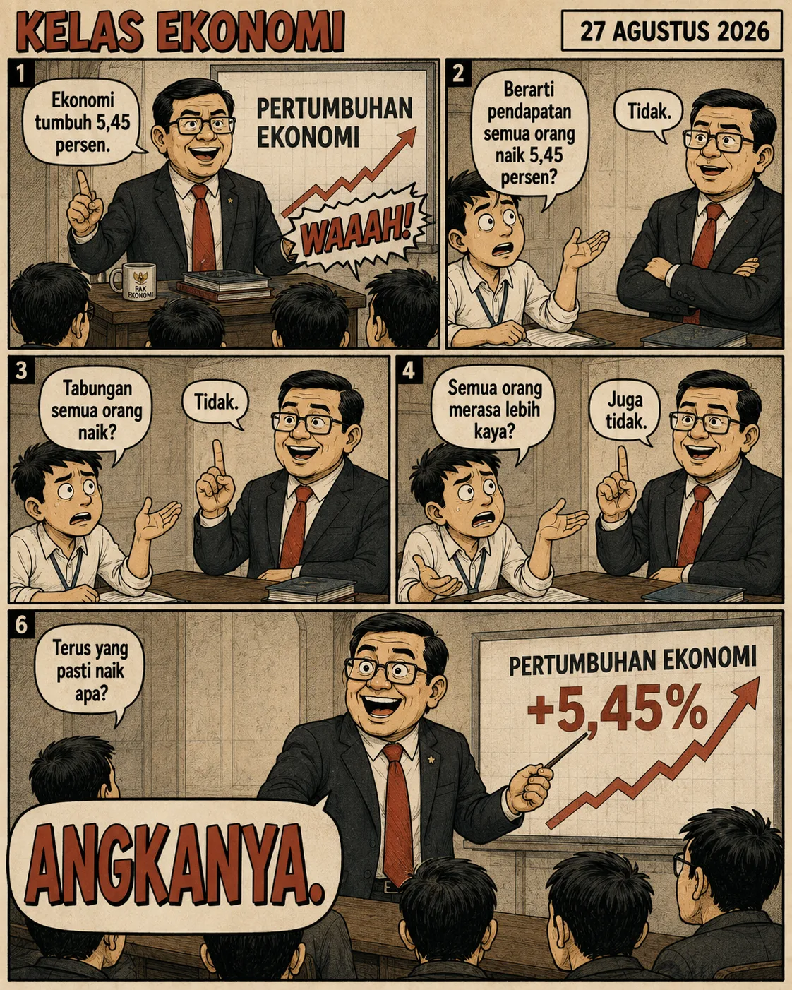Halaman 3 ("Kelas Ekonomi"): Seorang guru menjelaskan pertumbuhan 5,45 persen; setiap pertanyaan murid soal pendapatan, tabungan, dan rasa lebih kaya dijawab "tidak", sampai akhirnya yang naik ternyata hanya "angkanya".