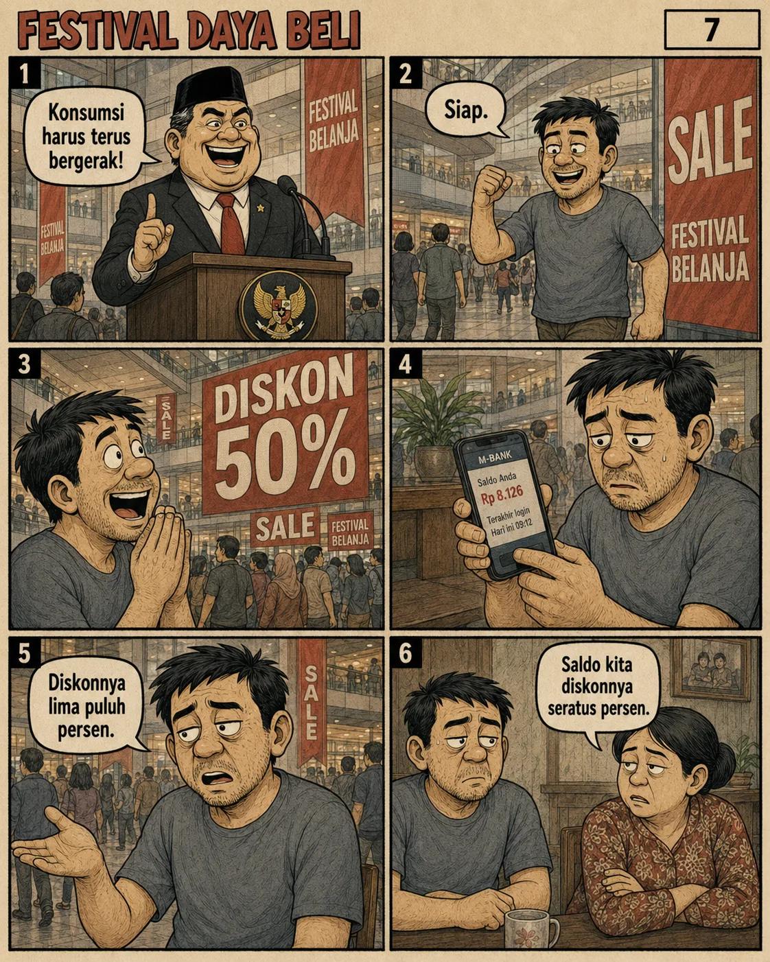Halaman 7 ("Festival Daya Beli"): Ajakan agar konsumsi terus bergerak lewat festival belanja dan diskon 50 persen; seorang warga membuka aplikasi bank dan saldonya tinggal Rp8.126.