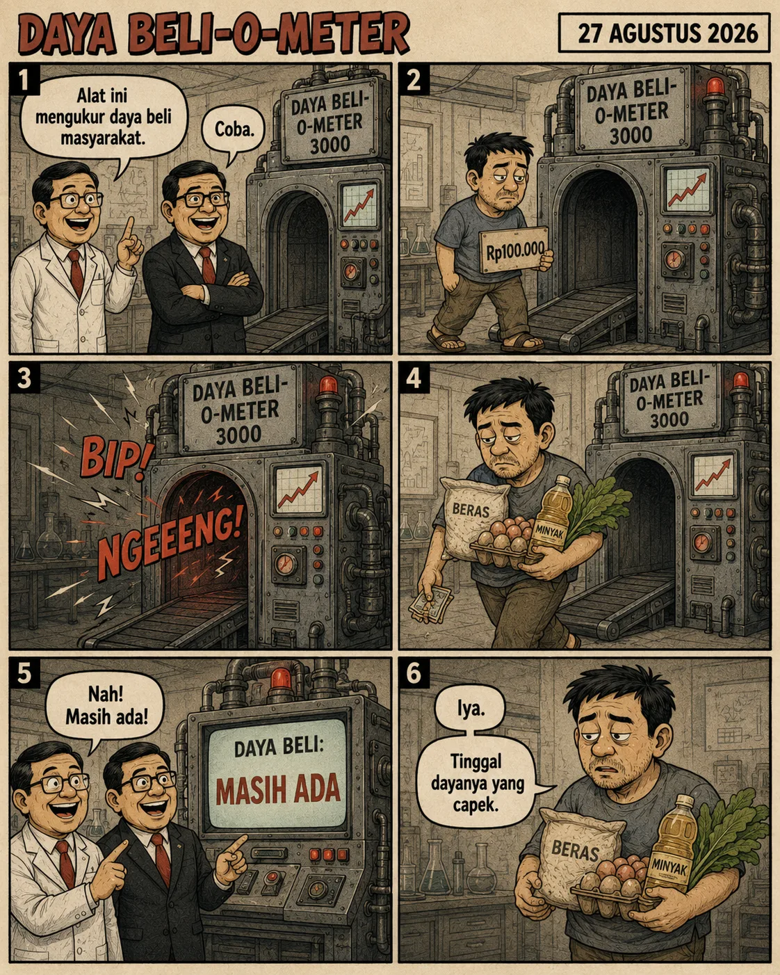 Halaman 8 ("Daya Beli-o-Meter"): Sebuah mesin raksasa mengukur daya beli; uang Rp100.000 dimasukkan dan keluar hanya sekantong kecil beras, telur, minyak, dan sayur, dengan layar berbunyi "daya beli: masih ada".